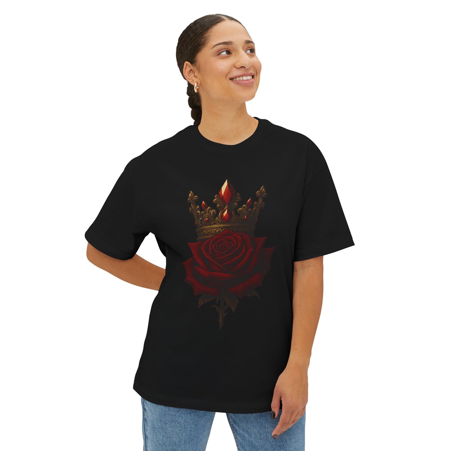 Unisex Oversized Boxy Tee with Crown & Rose Design | Trendy Graphic Tee, Streetwear Fashion, Layering Essential, Gift for Him/Her