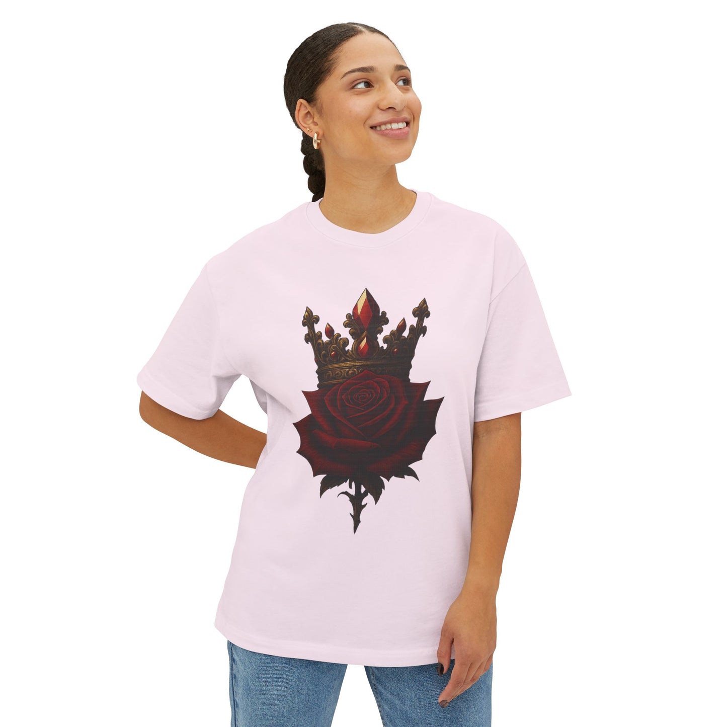 Unisex Oversized Boxy Tee with Crown & Rose Design | Trendy Graphic Tee, Streetwear Fashion, Layering Essential, Gift for Him/Her