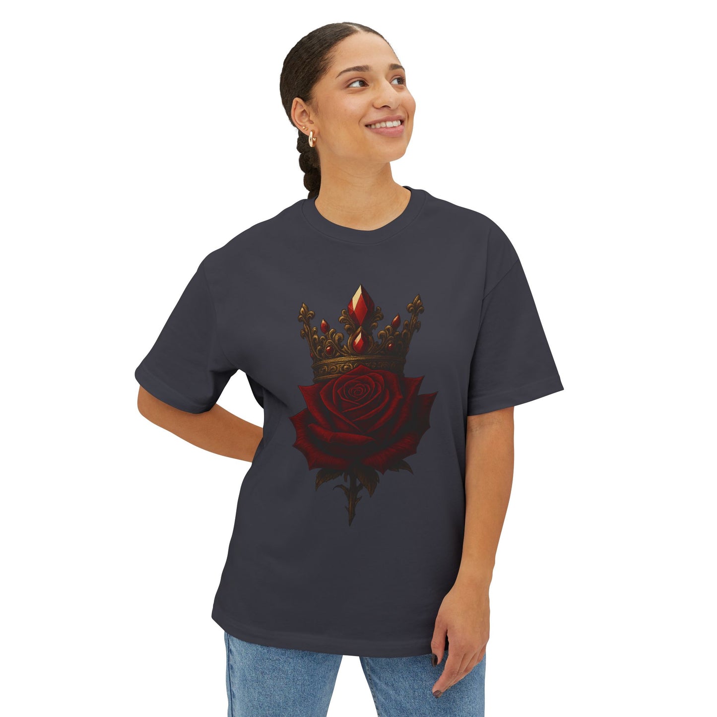 Unisex Oversized Boxy Tee with Crown & Rose Design | Trendy Graphic Tee, Streetwear Fashion, Layering Essential, Gift for Him/Her