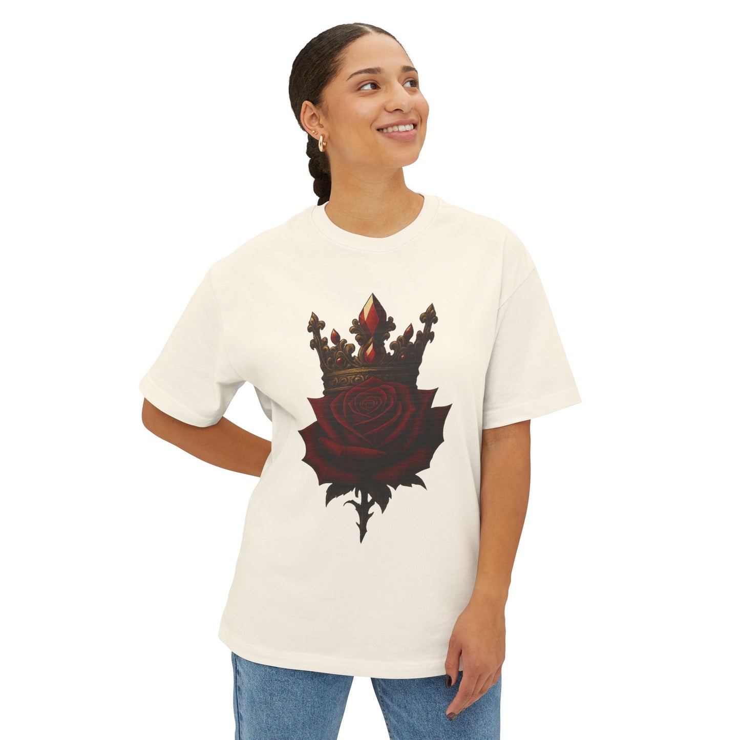 Unisex Oversized Boxy Tee with Crown & Rose Design | Trendy Graphic Tee, Streetwear Fashion, Layering Essential, Gift for Him/Her