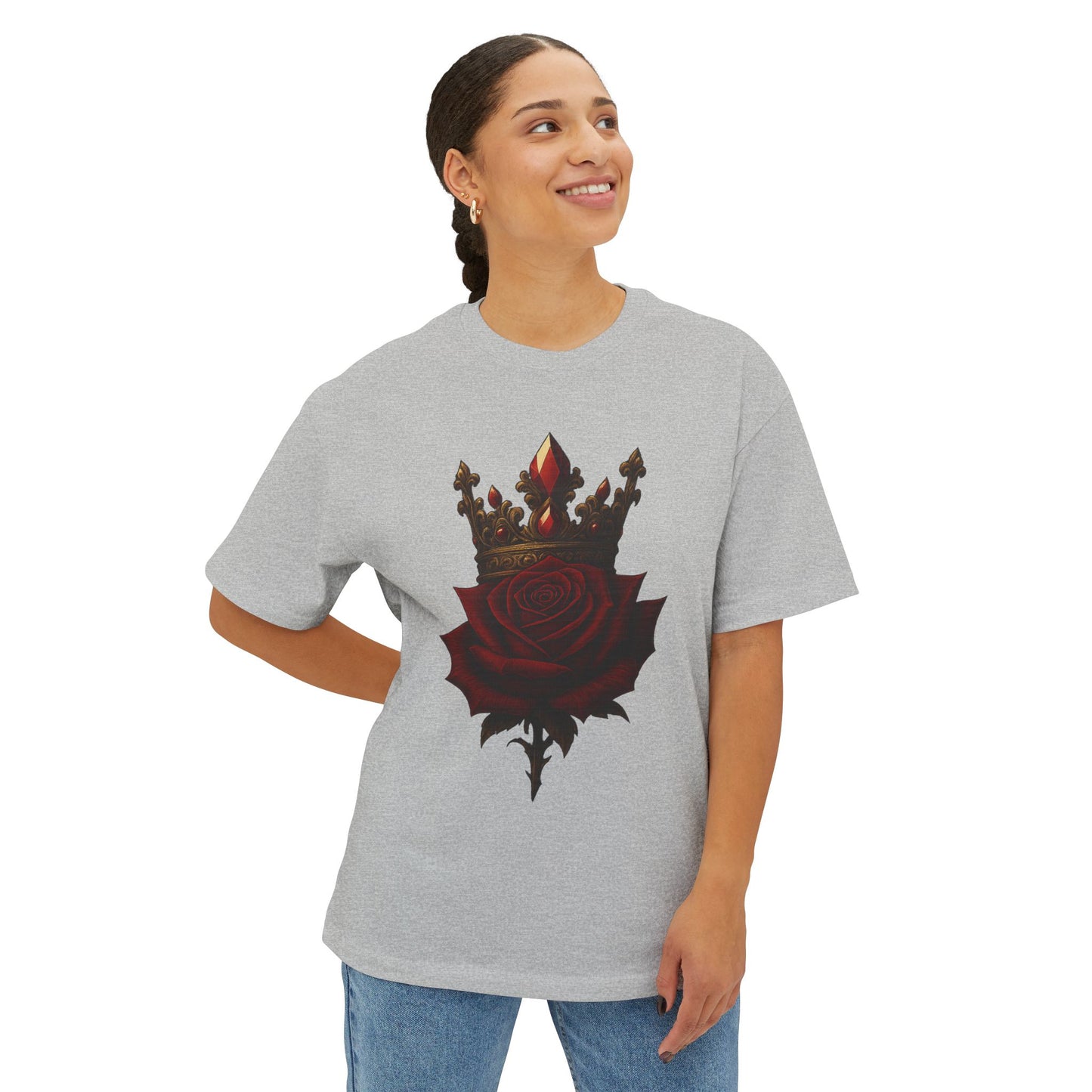 Unisex Oversized Boxy Tee with Crown & Rose Design | Trendy Graphic Tee, Streetwear Fashion, Layering Essential, Gift for Him/Her